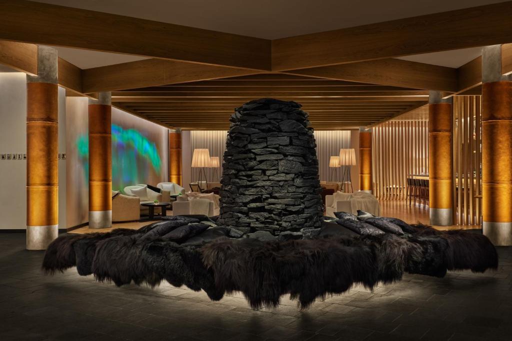 Modern lobby with stone centerpiece