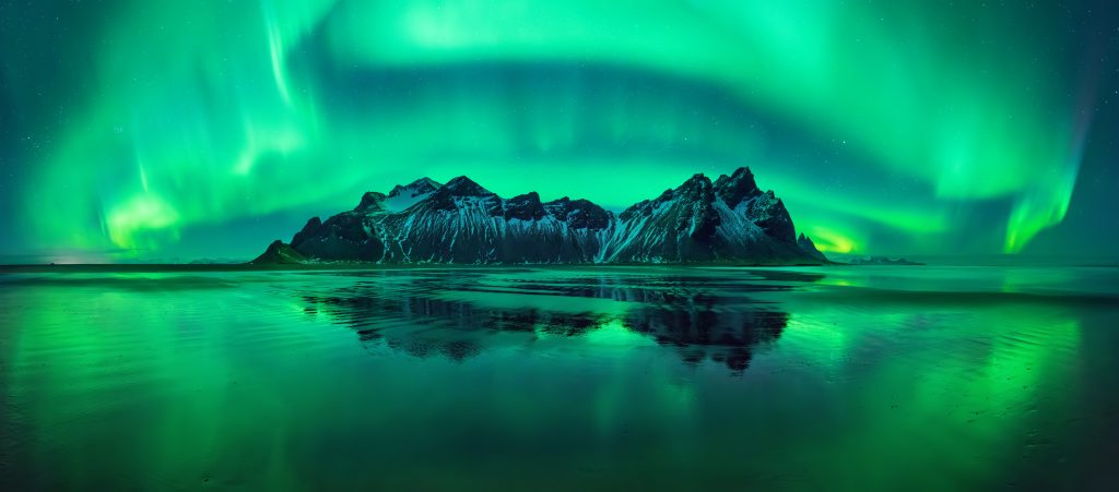 Northern lights in Iceland above Vestrahorn Mountains